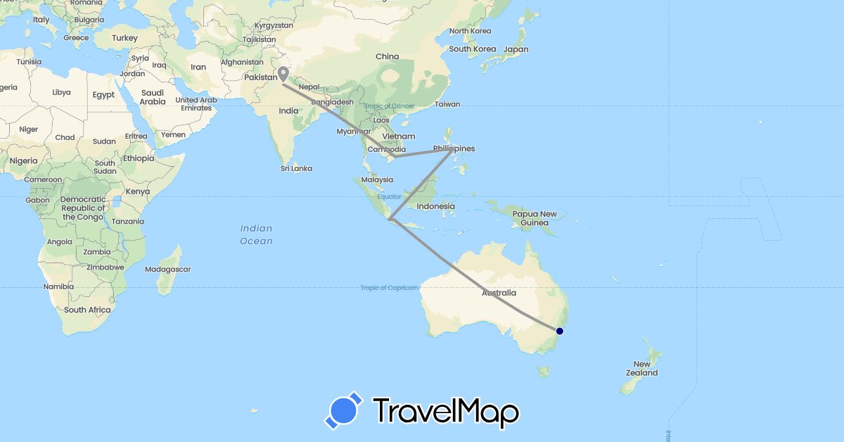 TravelMap itinerary: driving, plane in Australia, Indonesia, India, Philippines, Vietnam (Asia, Oceania)